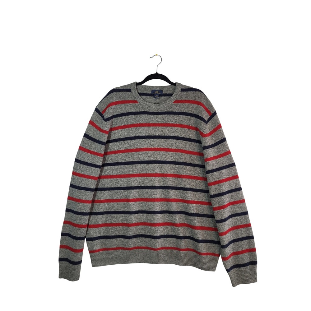 Brooks Brothers 346 Sweater Mens XXL Gray Red Navy Stripe Wool Blend Crewneck